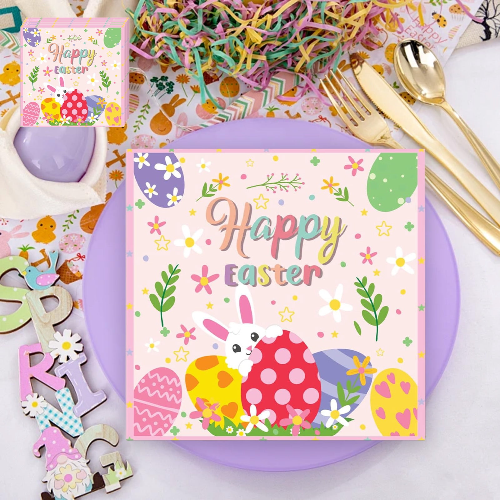 Home 20Pcs Easter Paper Towel Heavy Duty Easter Dinnerware with Easter Eggs Bunny for Spring Holiday Easter Party Supplies Disposable Paper Towel Home Decor