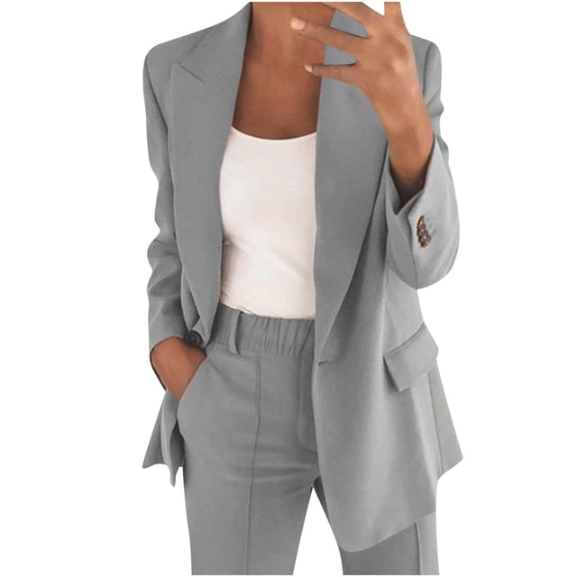 Pisexur Women's Two Piece Outfits Solid Color Long Sleeve Button Suit Blazer Jacket Wide Leg Pants Matching Set with Pockets Business Work Casual Suit Sets Plus Size S-5XL