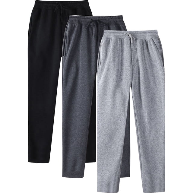 AherBiu 3PCS Sweatpants for Men featuring fleece lightweight fabric, drawstring elastic waistband, and pockets. Includes three pairs in black, dark grey, and light grey. Designed for athletic, gym, running, or casual wear. Comfortable and durable with a modern fit.