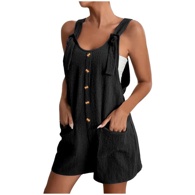 EQWLJWE Combishort Salopette pour Femmes, Combishorts Combinaisons Courtes pour Femmes, Combishort d'Été Sans Manches pour Femmes avec Bretelles à Nœud Ajustables, Combishorts Salopette avec Poches