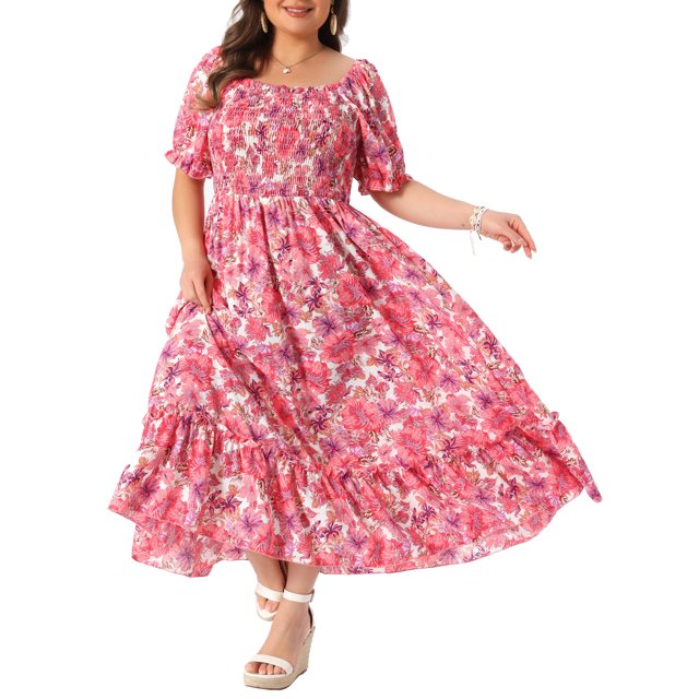 GRACE & GRANDEUR Robe Maxi Bohème à Fleurs pour Femme Grande Taille, Manches Courtes, Encolure Carrée, Smockée, 4X, Rose Vif