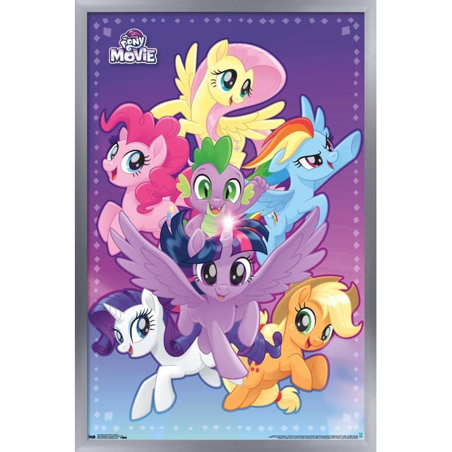 Hasbro My Little Pony Film - Affiche Murale d'Aventure, 14,725 Pouces x 22,375 Pouces Mettant en Vedette des Personnages Vibrants de My Little Pony, Dont une Alicorne Violette avec Corne Lumineuse, Pégase Jaune, Poney de Terre Rose, Pégase Bleu avec Crinière Arc-en-Ciel, Licorne Blanche, Poney de Terre orange avec Crinière blonde, et un Petit dragon Vert et Violet sur un Fond Dégradé Violet avec Bordure en Losanges, Convient à la Décoration de Chambre d'Enfants Ou de Fête.