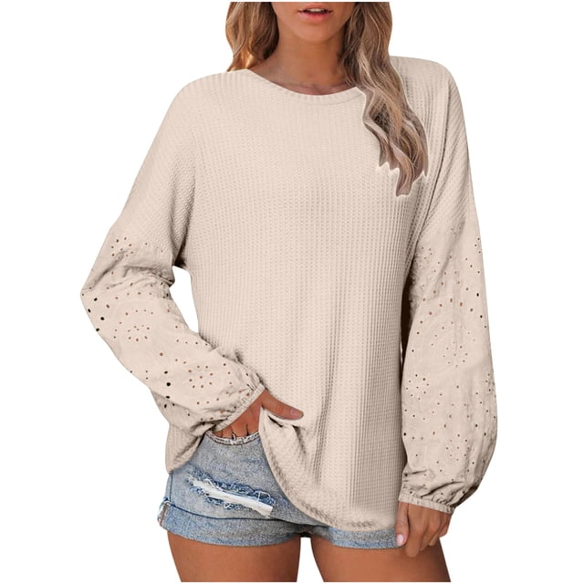 tarylea Hauts pour Femmes Col Rond Dentelle Manches à Œillets Chemises Manches Longues Décontractées Amples Quotidiennes Chandail