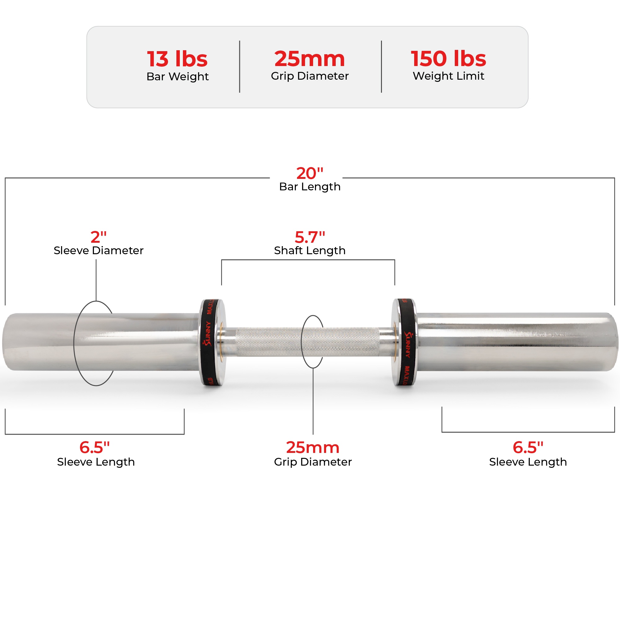 Barre olympique d’haltères Sunny Health & Fitness de 20" avec colliers à anneaux à verrouillage rotatif