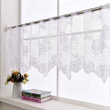 ZH.H Cantonnière en Dentelle pour Cuisine, Voilage de Fenêtre, Feuilles Brodées, Café, Boutique, Poche pour Tringle, Blanc 17 Pouces*60 Pouces