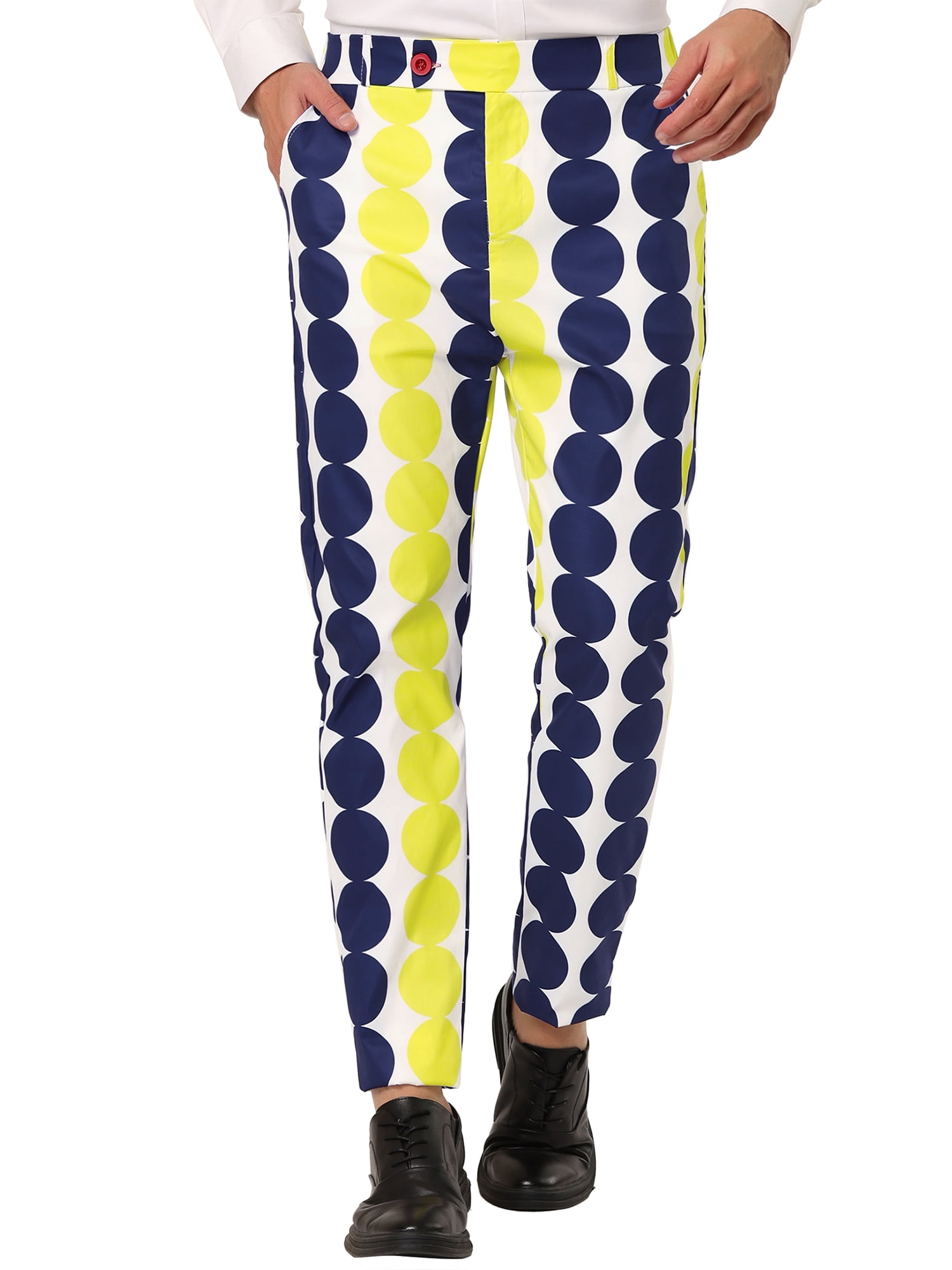 INSPIRE CHIC Men's Casual Geometric Printed Color Block Flat Front Dress Pants 38 Black Yellow