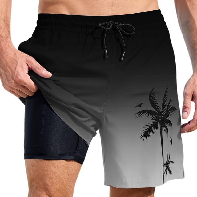 YUEVE Beach Shorts for Men 2 in 1 Compression Liner 7 Inch Inseam, Mens Swim Trunks Gradient Hawaiian Print Quick Dry Bathing Suit with Pockets Black M