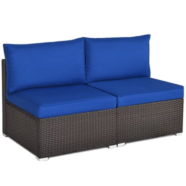 Patiojoy Fauteuil de Sofa Sectionnel Sans Accoudoirs en Rotin Osier d'Extérieur, 2 Pcs, avec Coussins Bleus