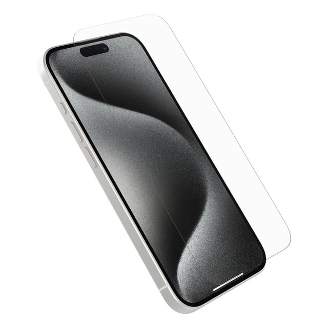 Otterbox Premium Protecteur d'Écran en Verre iPhone 15 Pro Montré comme une Couche de Verre Claire et Ultra-Mince Positionnée sur un iPhone 15 Pro Blanc avec un Écran Abstrait Noir et Gris, Conçu pour la Résistance aux Bris après des Chutes de 3 Pi et la Résistance aux Empreintes Digitales pour Garder l'Écran Sans Bavures.
