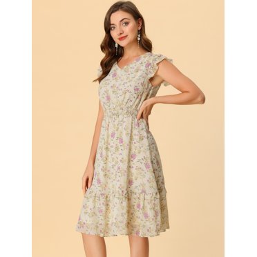 INSPIRE CHIC Robe Fleurie pour Femme Manches Volantées Col en V Smockée à Volants Robes Décontractées Abricot Foncé S