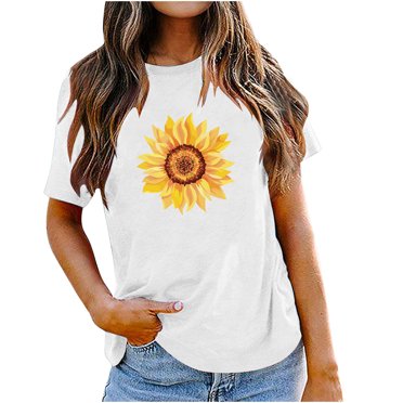 EQWLJWE T-Shirt Tournesol pour Femme Été à Manches Courtes Mignon Graphique Ample T-Shirts Hauts Liquidation