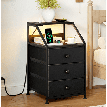 GUNAITO Table de Chevet avec Station de Recharge Table d'Appoint avec 3 Tiroirs Table de Bout avec Tablette Ouverte Table de Chevet avec Ports USB et Prises Table de Chevet pour Chambre, Noir