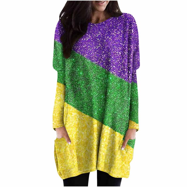 Timegard Womens Tops Crew Neck Long Sleeve Color Block Glitter Loose Long Tops with Pockets Club Wear