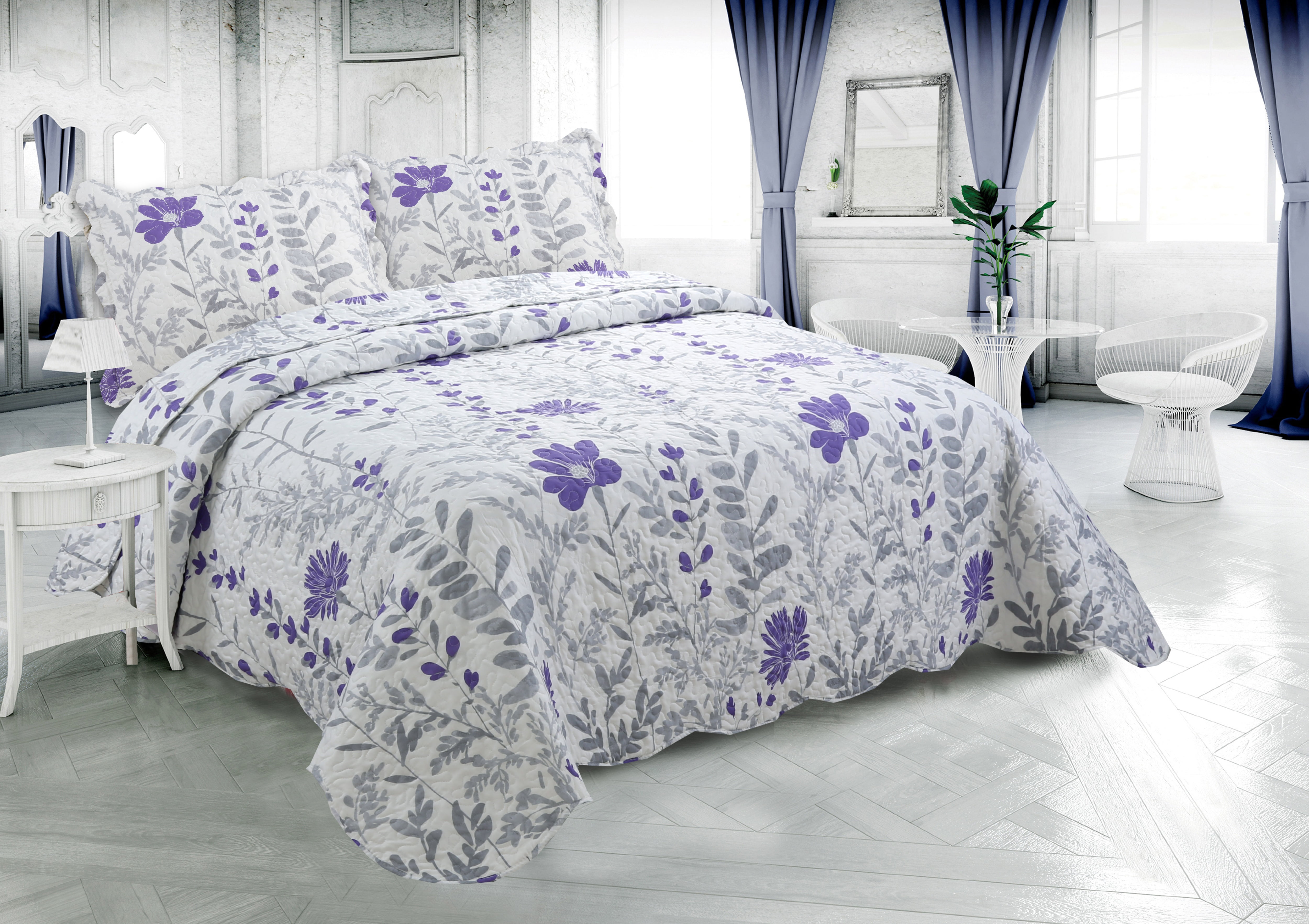 Marina Decoration Couvre-lit imprimé riche, couvre-lit ultra doux pour l'été, ensemble de literie avec housse matelassée, motif floral violet moderne