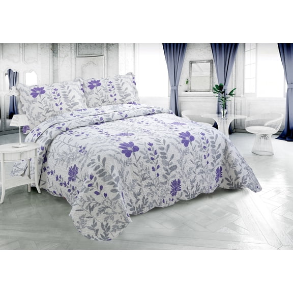 Marina Decoration Couvre-lit imprimé riche, couvre-lit ultra doux pour l'été, ensemble de literie avec housse matelassée, motif floral violet moderne