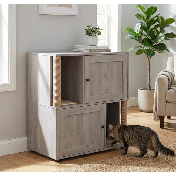 Meuble Cache-Litière Double pour Chat, Armoire de Mobilier de Litière Dissimulée avec Deux Tapis à Griffer et Poteau à Griffer, Salle de Bain pour Chat Moderne de Style Ferme en Bois Couvert, Design de Table d'Appoint, Gris