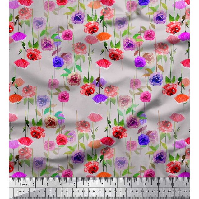 Soimoi Tissu Popeline de Coton Feuilles & Roses Imprimés Floraux au Mètre 56 Pouces de Large