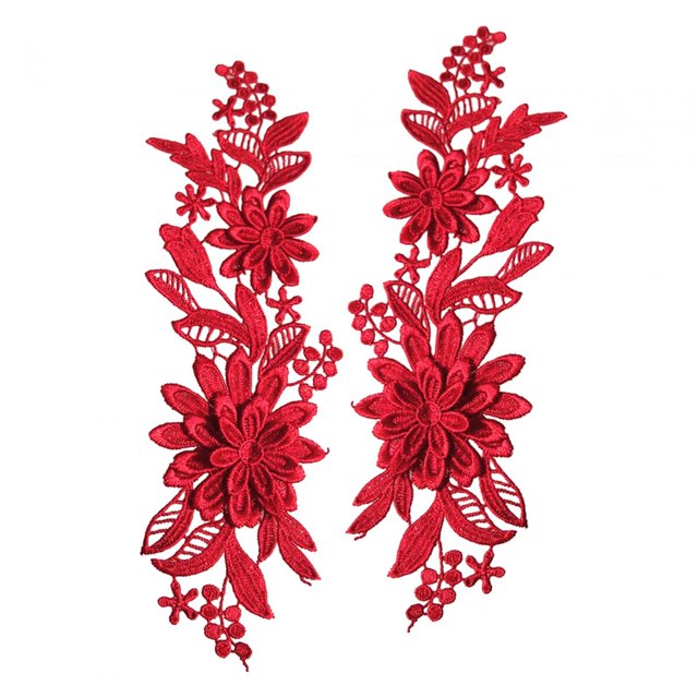 2Pcs Lace Applique Flower Embroidery Applique for Wedding Prom Dress Clothes Red