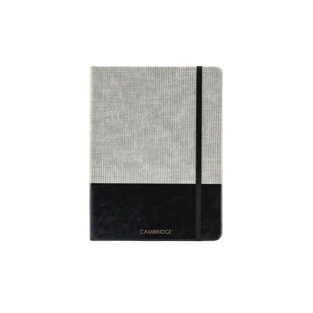 Cambridge® Two-Tone Cb Journal, Blk,6X8 with a textured grey fabric upper cover and black PU lower cover, secured by a black elastic bungee closure, casebound with 96 sheets of 80 gsm ruled paper and a page marker, measuring 6 by 8 inches, ideal for journaling and note-taking.