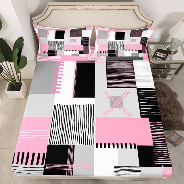 Erosebridal Geometric Stripe Fitted Sheet Full,Rectangle Lines Bedding Set Full Size,Patchwork Decor,Lightweight,3-Piece(No Top Sheet)