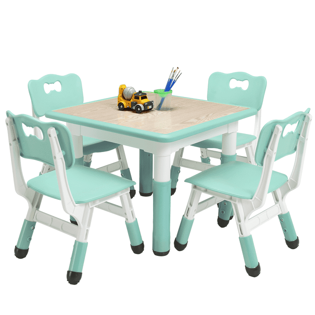 Kids Table and Chairs Set, featuring a height-adjustable desk and four matching chairs in a mint green and white colour scheme. The table has a graffiti-style desktop and non-slip legs for stability. Designed for children aged 2-10, this set is ideal for classrooms, daycares, and home use. The ergonomic chairs have curved backrests for proper posture, and the set is made from durable, easy-to-clean materials.