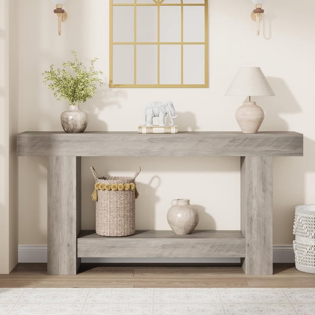 Table Console de 63 Pouces pour Entrée, Table d'Accent d'Entrée pour Salon, Longue Table Console avec Rangement, Table de Couloir Style Ferme avec Étagère de Rangement à 2 Niveaux, Table Rectangulaire pour Sofa