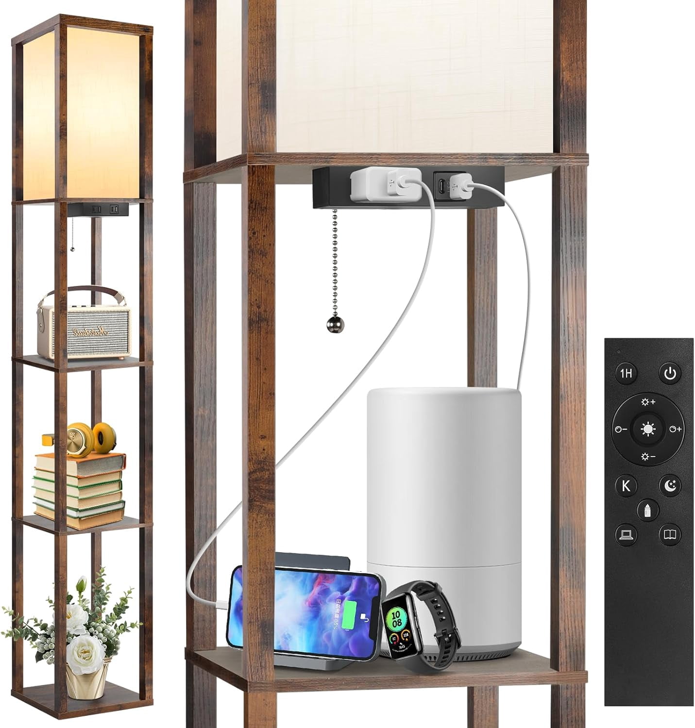 Floor Lamp with Shelves LED Modern Shelf Floor Lamp with USB Ports Power Outlet Color Temperature Storage Display Wood Column Standing Tall Lamp for Living Room Bedroom Off