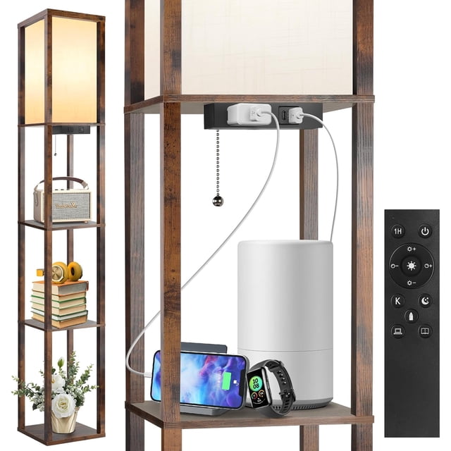 Floor Lamp with Shelves LED Modern Shelf Floor Lamp with USB Ports Power Outlet Color Temperature Storage Display Wood Column Standing Tall Lamp for Living Room Bedroom Off