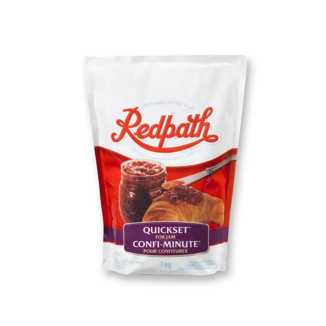 Redpath Quickset Sugar for Jam 1 Kg pouch with white and red packaging featuring a jar of jam and a croissant with jam spread, designed for making homemade jams and jellies using baking ingredients and sugars.