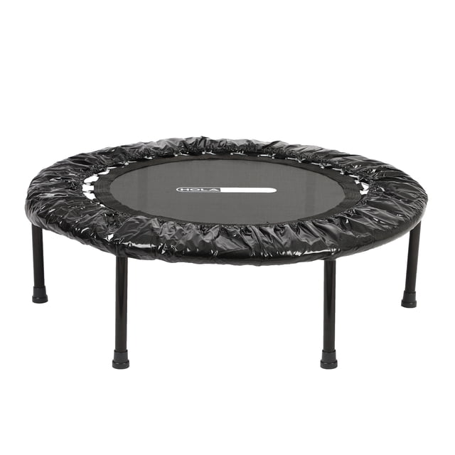 HolaHatha Foldable Mini Trampoline, 36-inch round portable fitness rebounder in black, ideal for aerobic exercise and home gym routines. Features a sturdy steel frame, waterproof polypropylene mat, and rubber-sleeved legs for stability. Designed for users aged 6 and above, it supports up to 330 pounds and includes a 360 surround-type protective cover for safety. Foldable for easy storage and transport.