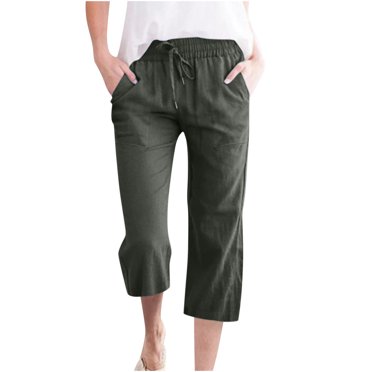 lcziwo Women Solid Capri Linen Pants for Summer,Linen Capris for Women Cropped Straight Leg Trousers Plus Size Elastic Waist Drawstring Beach Pants Clearance Sales Today Deals Green