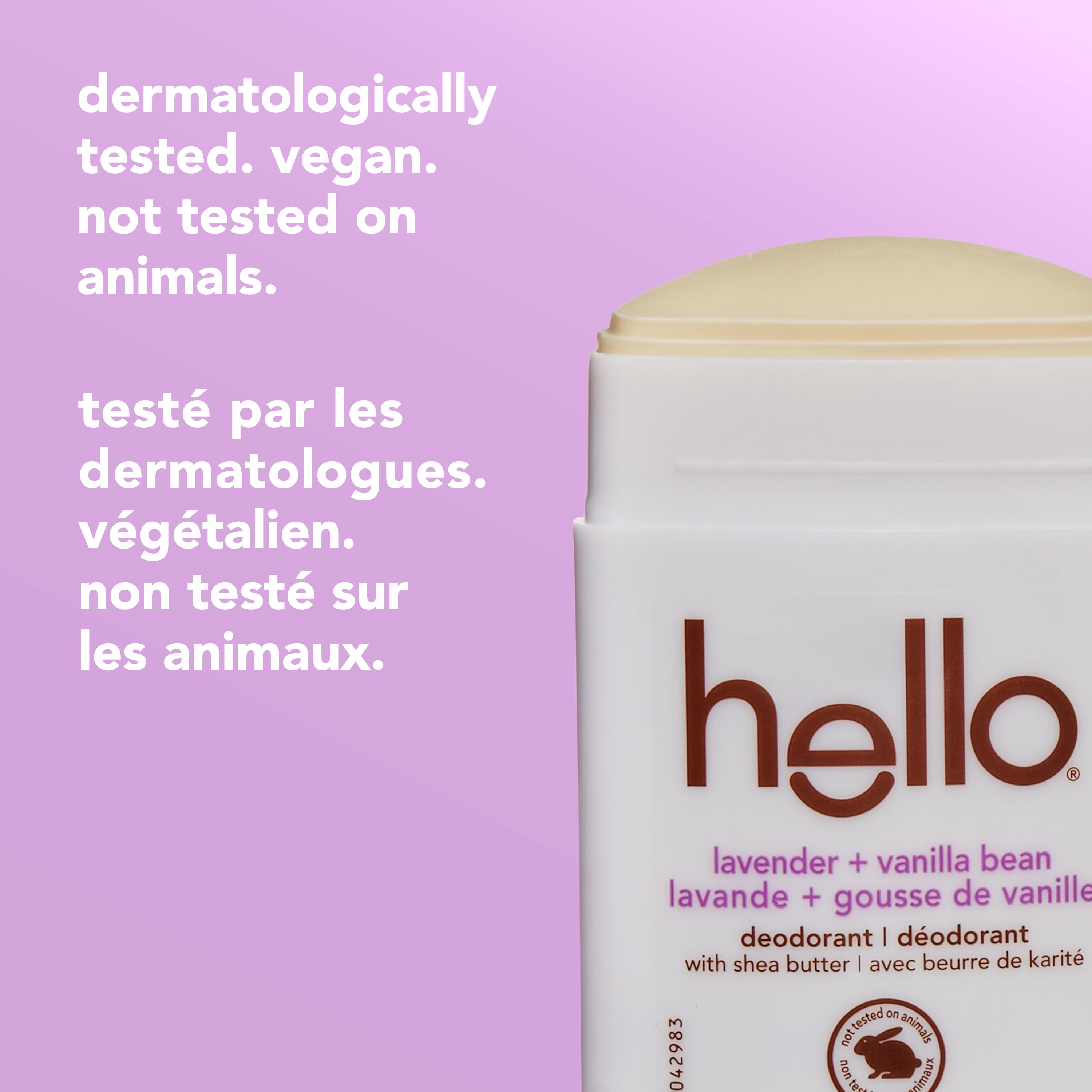 Déodorant Hello sans aluminium homme/femme, lavande et vanille, stick 73 g