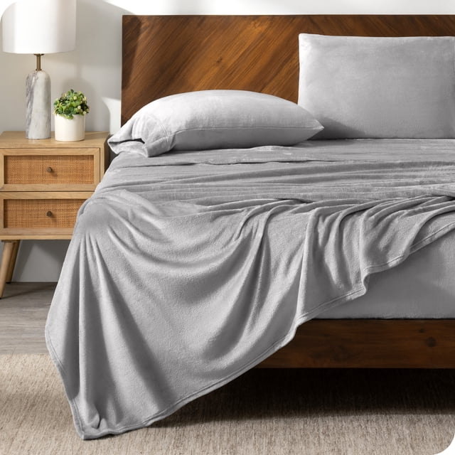 Bare Home Microplush Fleece Sheet Set - Ultra Soft - Deep Pocket - Queen, Light Gray