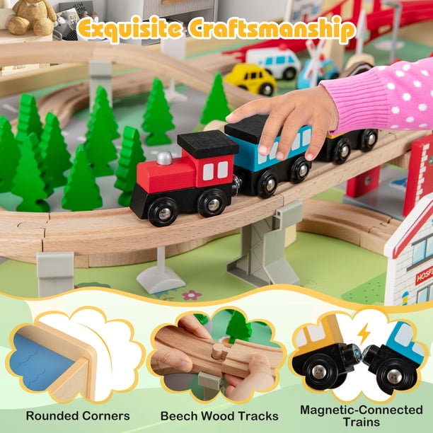 VEVOR Table Circuit Train Bois, 100 PCS, avec Rail de Train, Tiroir Rangement Roulant, Table Activités 3 en 1 Double Face pour Jouer, Dessiner, Lire, Manger, Jouets Créatifs pour Enfants 3 Ans