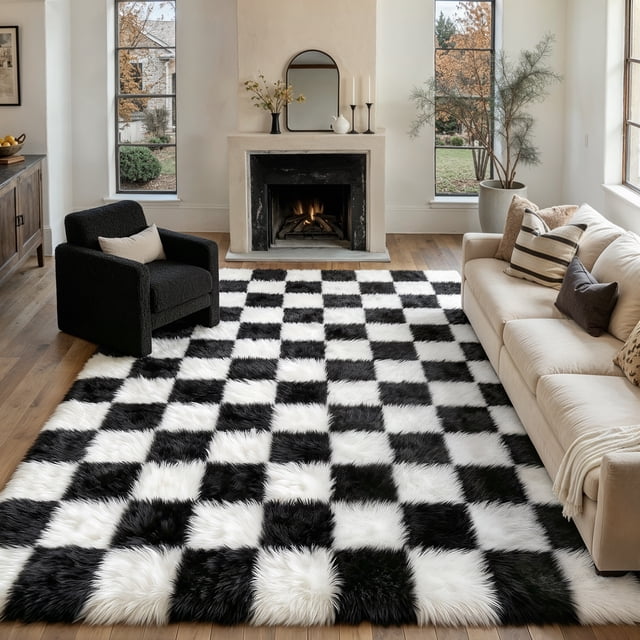 BERTHMEER 8'x10' Shag Area Rugs for Living Room Bedroom Fluffy Rugs Soft Checkered Plush Contemporary Geometric Modern Indoor Rugs Carpets, Black White