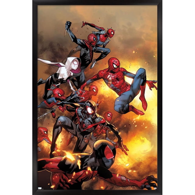 Marvel Comics - Spider-Verse - The Amazing Spider-Man #13 Affiche Murale, 22,375 Pouces x 34 Pouces Encadrée Montrant Plusieurs Personnages Spider-Man en Costumes Rouges, Noirs et Blancs avec Motifs de Toiles dans des poses d'Action Dynamiques sur un Fond orange Ardent, Convient comme art Mural pour Chambres, Bureaux Ou Dortoirs.