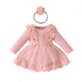 thumbnail image 1 of Besolor Baby Girl Outfit Toddler Ribbed Knit Long Sleeve Mesh Romper Dress with Bow Headband Fall Spring Clothes, 1 of 7