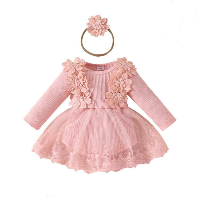 Besolor Baby Girl Outfit Toddler Ribbed Knit Long Sleeve Mesh Romper Dress with Bow Headband Fall Spring Clothes