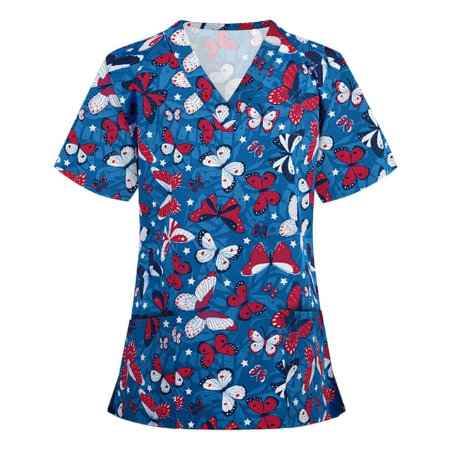 LSLJS Mode Femme Blouse à Manches Courtes à Col en V Imprimée, Chandail Décontracté à Poches, Hauts, Sarraus pour Femmes Grande Taille