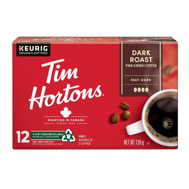 Tim Hortons Dark Roast Coffee Keurig K-Cup 12-count pod box in red with white logo and Canadian maple leaf, labeled dark roast fine grind coffee, showing coffee beans and a cup of black coffee, 100% Arabica coffee, net weight 126 g, suitable for single-serve brewers.