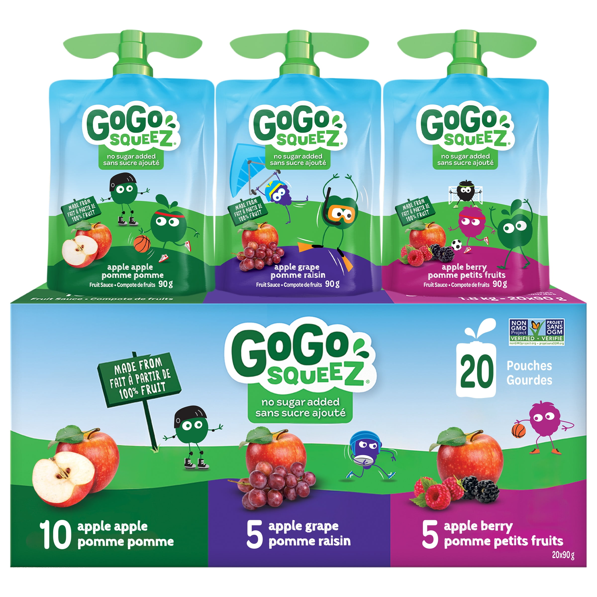 GoGo squeeZ Fruit Sauce Snack Pouches Variety, Apple, Apple Grape, Apple Berry, No Sugar Added Box of 20 Pouches