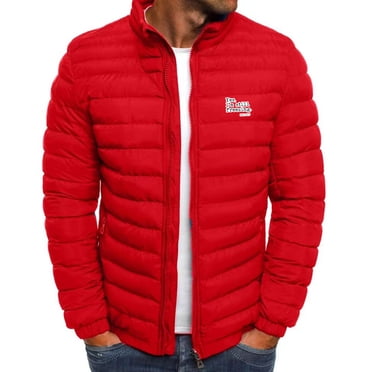 Styesk Jackets for Men Winter Men's Letter Printed Long Sleeved Warm Zipper Pocket Hooded Stand Collar Casual Jacket