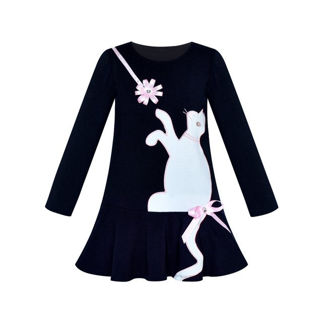 Robe Fille Coton Décontractée Manches Longues Chat Brodé 3 Ans