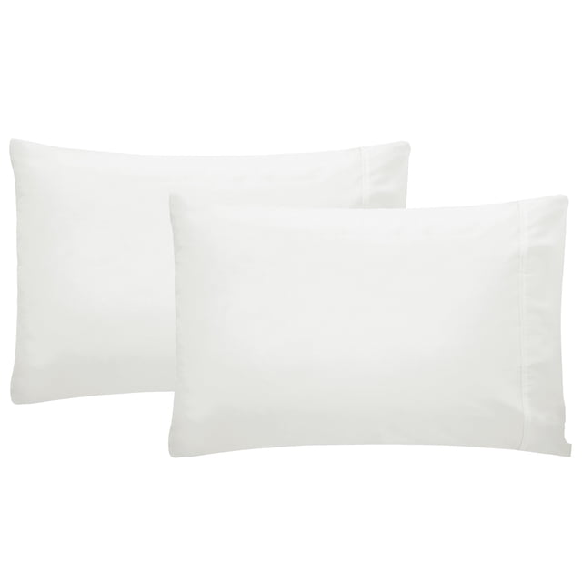 California Design Den 100% Cotton Pillowcases, set of 2, featuring a luxurious 400 thread count sateen weave for hotel-style bedding. These standard-size pillowcases, measuring 53cm W x 81cm L, are crafted from long-staple cotton for softness, breathability, and durability. Certified STANDARD 100 by OEKO-TEX®, they are eco-friendly and tested for harmful substances. The crisp white design complements various bedroom decors.