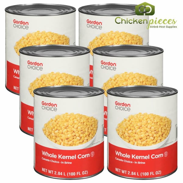CP Gordon Maïs en Grains Entiers en Vrac pour Événements, Restaurants 2,84 L/100 Oz - (6/caisse). un Ensemble de six Grandes Boîtes de Maïs en Grains Entiers Gordon Choice, Contenant Chacune 2,84 L (100 Oz) de Maïs en Saumure. les Boîtes Présentent une Étiquette Rouge et Blanche avec une image de Grains de Maïs et le logo Gordon Choice, Convenant à une Utilisation en Vrac dans les Événements, les Restaurants Ou la Restauration.