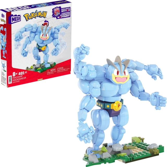 Ensemble de construction MEGA Pokémon Machamp avec 401 Pcs Présentant une Figurine Machamp Bleu Pâle avec Quatre Bras Articulés et des Yeux Rouges, Debout 7 Pouces de Hauteur sur une base Verte et Grise avec des Roches et de l'Herbe, Conçu comme un Ensemble de construction de Blocs de construction compatible avec d'Autres Marques.