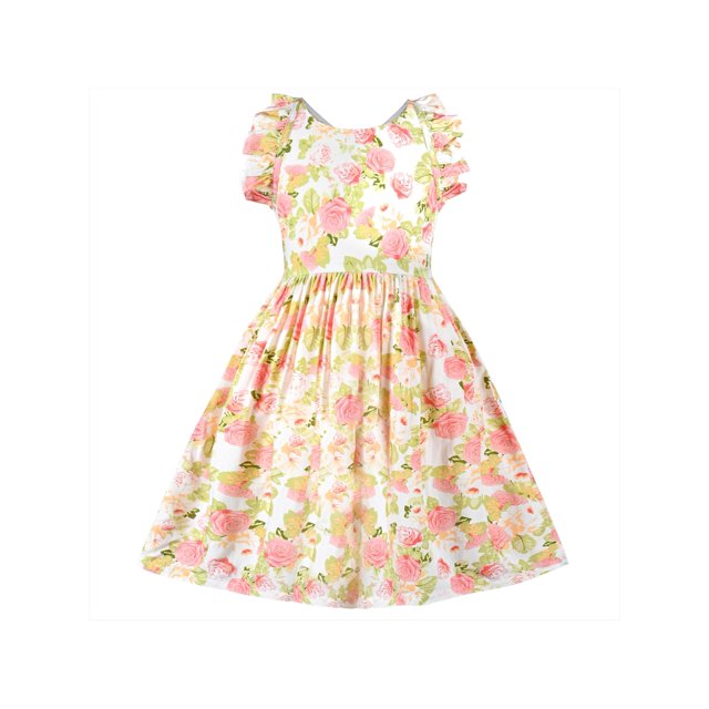 Robe Fille Rose Fleur Manches à Volants Croisée Princesse Vintage 6 Ans