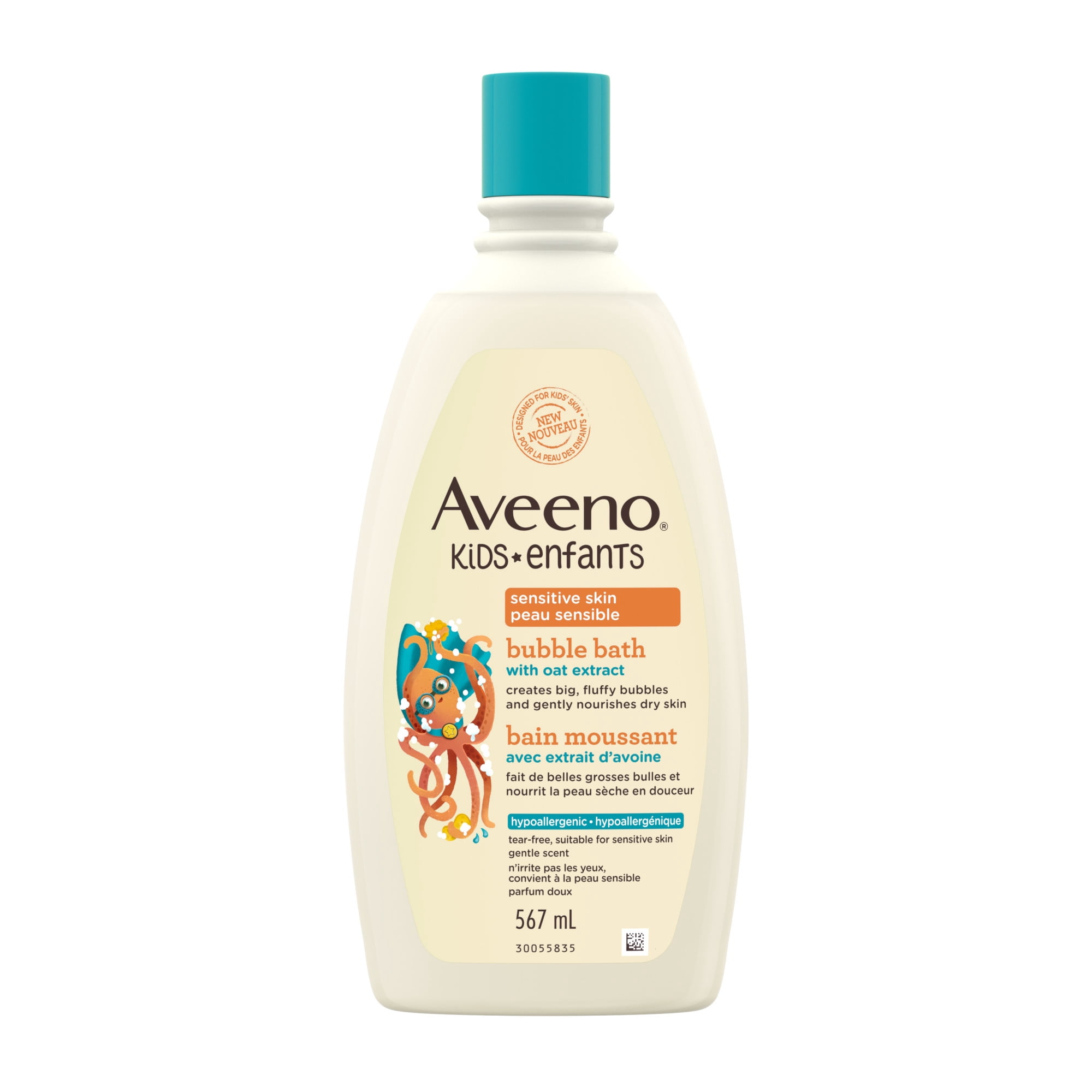Bain moussant Aveeno pour enfants, Peau sensible, bain moussant pour enfants avec extrait d’avoine, liquide pour le bain pour enfants, 567 ml