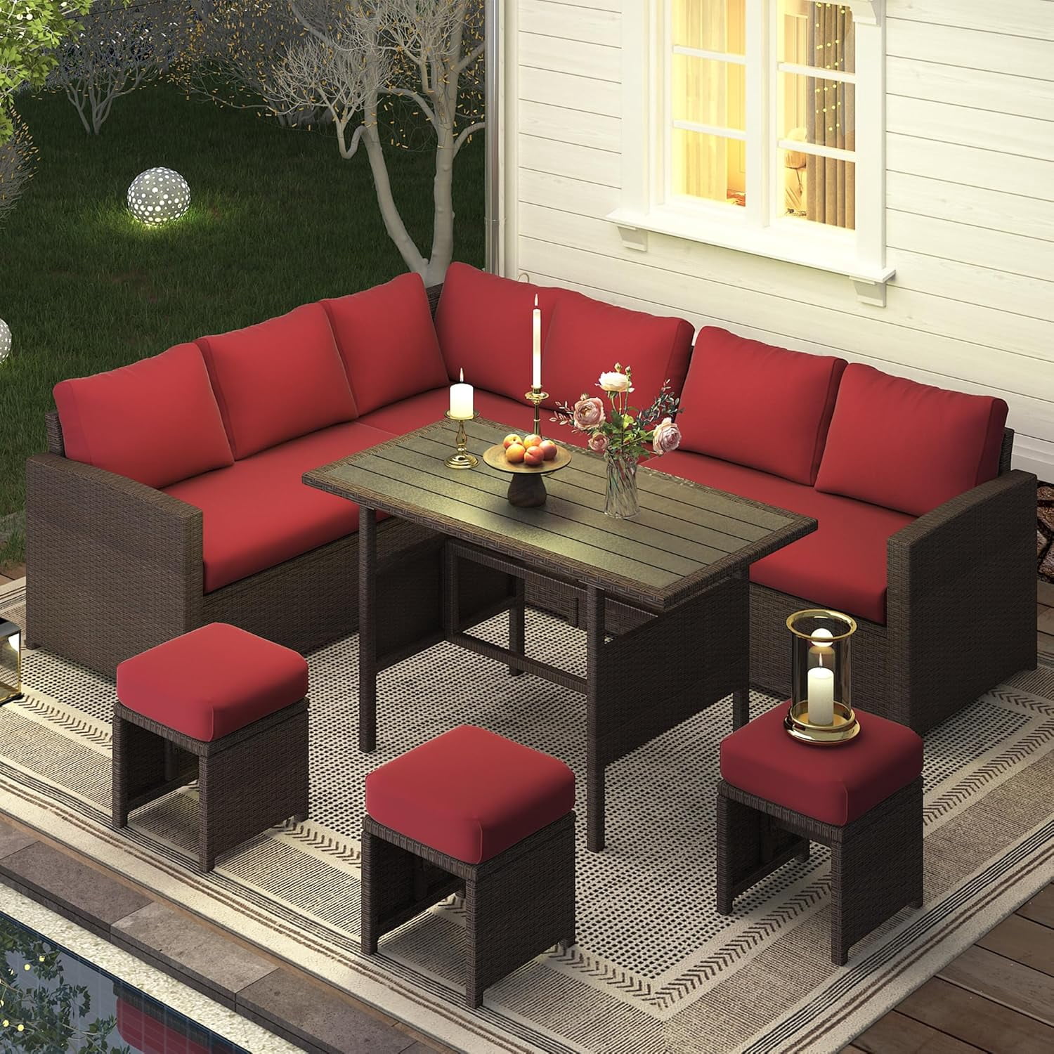 AECOJOY Ensemble de Mobilier de Patio 7 Pcs Ensemble de Salle à Manger d'Extérieur en Rotin PE Canapé Sectionnel avec Table Ensemble de Conversation de Patio en Rouge Vin
