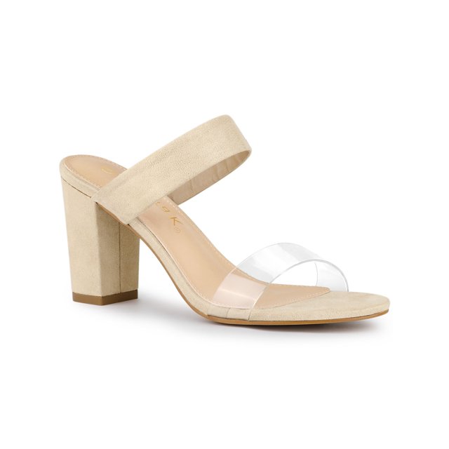 BLISSFUL STEP Sandales Mules à Talon Épais à Double Bride Transparente pour Femmes Beige 7